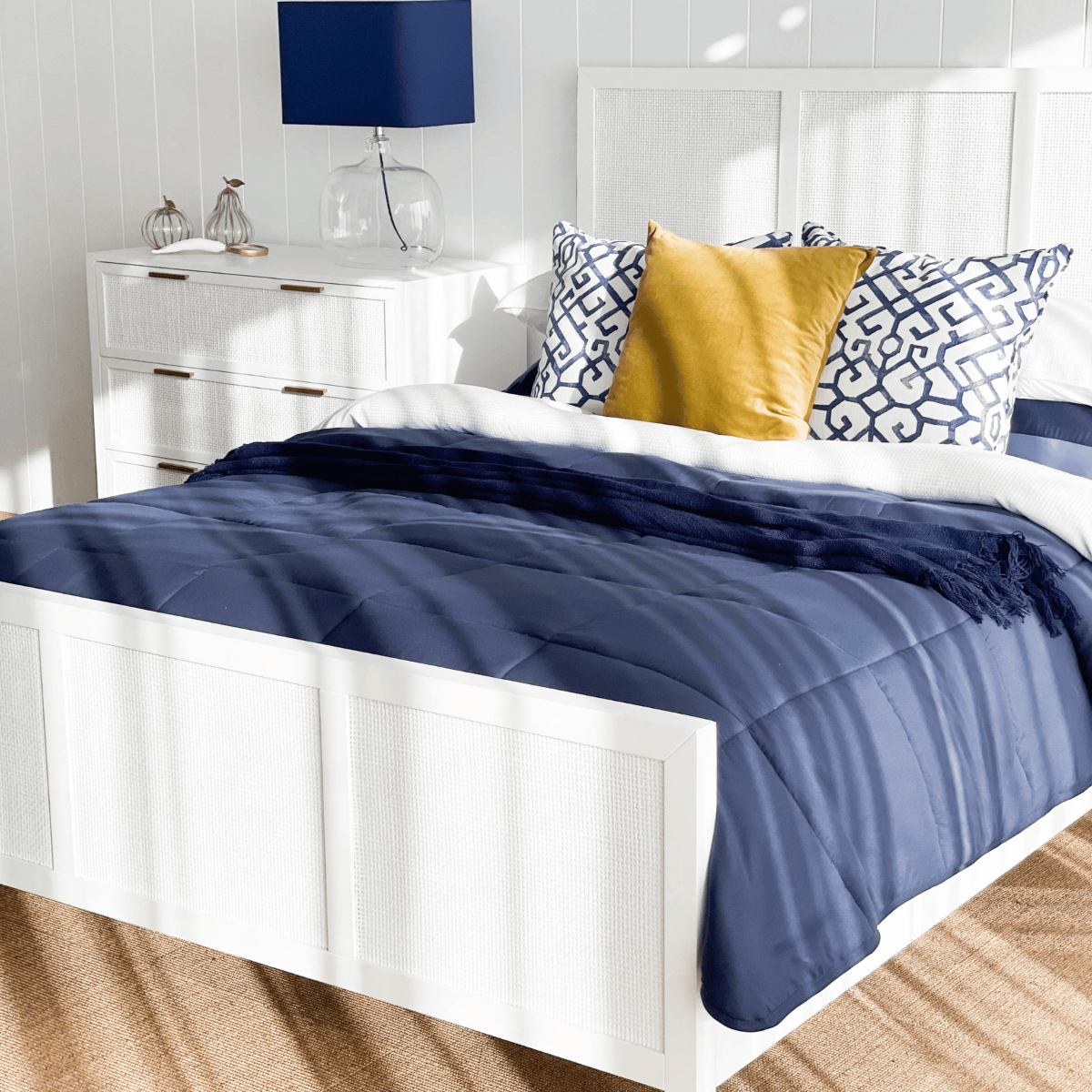 Santorini Hamptons Timber & Rattan Queen Bed White, W 162cm D 215cm H 130cm (RRP $2199) - Image 13