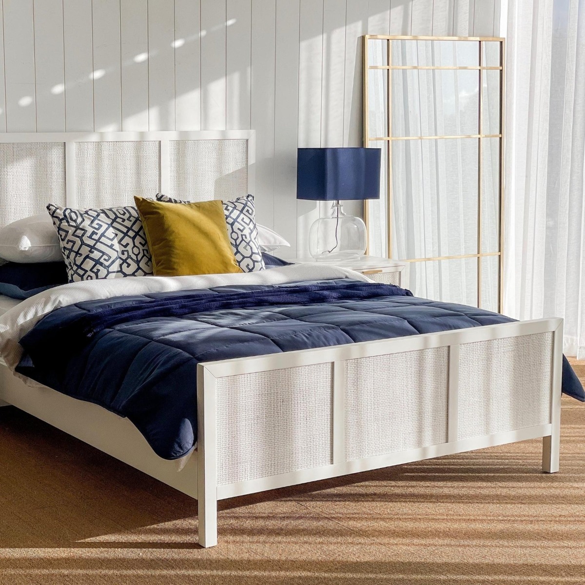 Santorini Hamptons Timber & Rattan Queen Bed White, W 162cm D 215cm H 130cm (RRP $2199) - Image 14