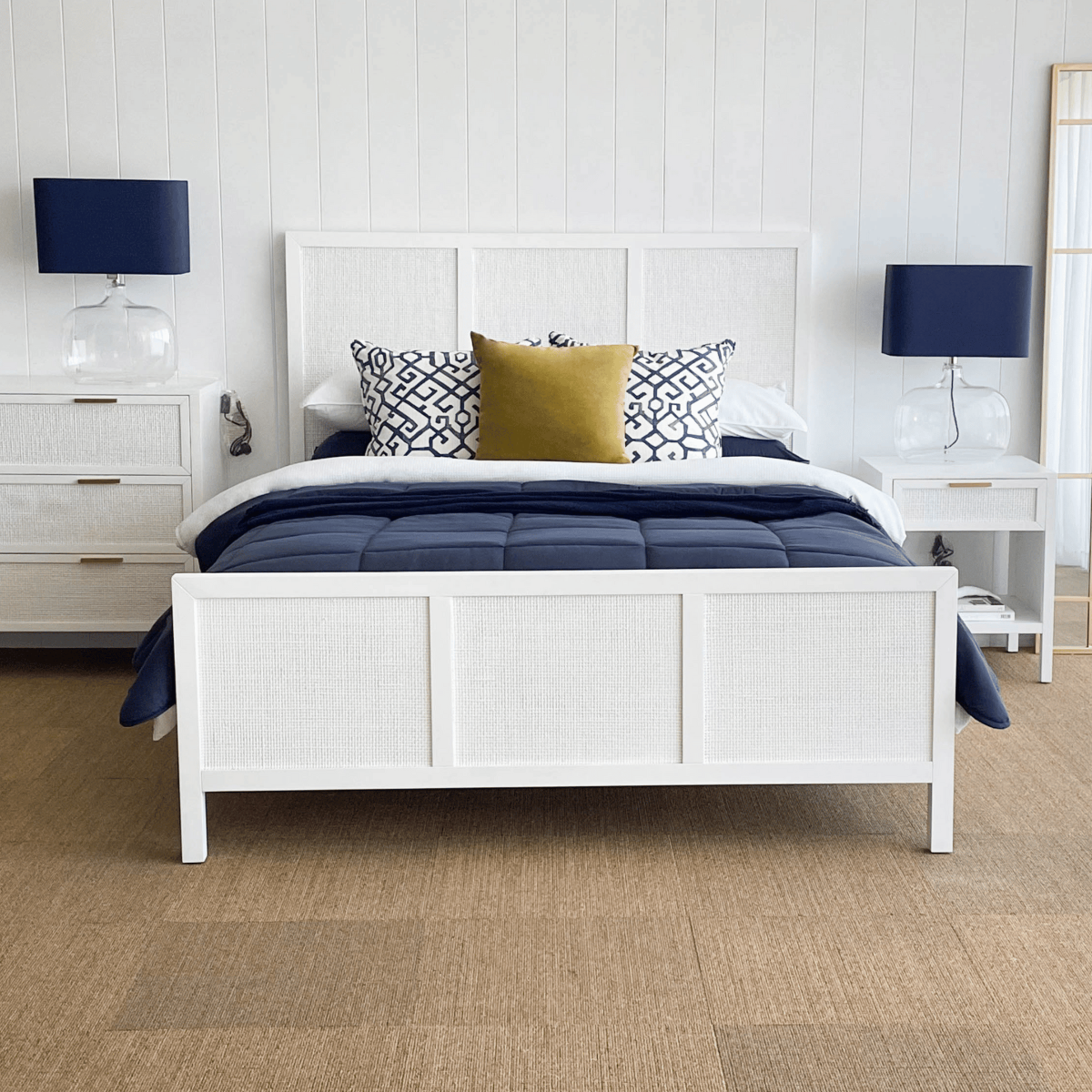 Santorini Hamptons Timber & Rattan Queen Bed White, W 162cm D 215cm H 130cm (RRP $2199) - Image 15