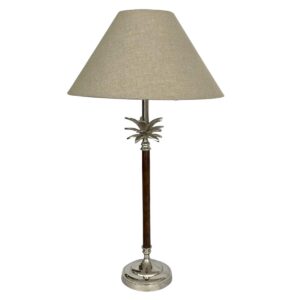 wp-image-tigress-51242.jpg Nickel/Wood Palm Lamp W/Nat Linen Shade - Lamp Base & Shade (RRP $329)
