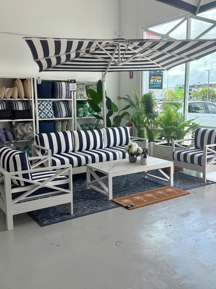 "Montego Bay" Hamptons Style Outdoor Aluminium 3+1+1 + Coffee Table Lounge Setting *Includes Shelta 350cm Octagonal Cantilever Umbrella (RRP $6999) - Image 3