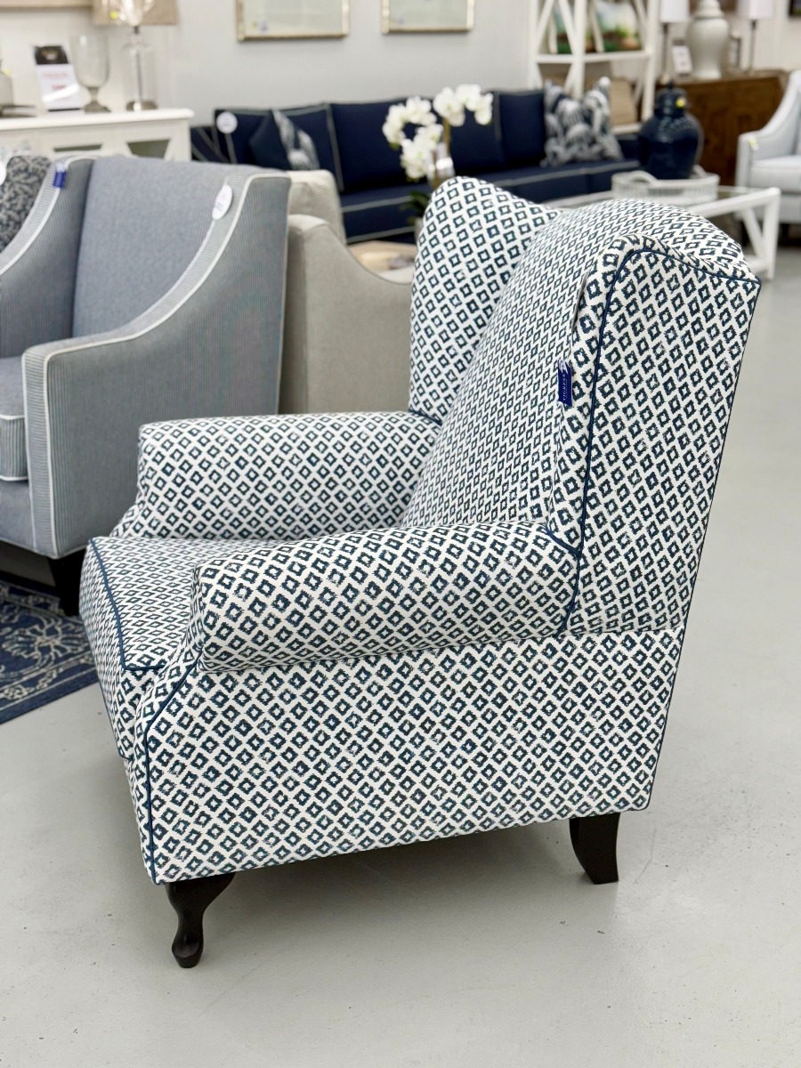 "Aerin" Hamptons Style Australian Made Occasional Wing Fabric Armchair, 88cmW x 78cmD x 105cmH Warwick Bellport Marine (RRP $2799) - Image 3