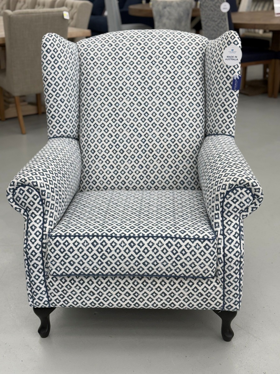 "Aerin" Hamptons Style Australian Made Occasional Wing Fabric Armchair, 88cmW x 78cmD x 105cmH Warwick Bellport Marine (RRP $2799)