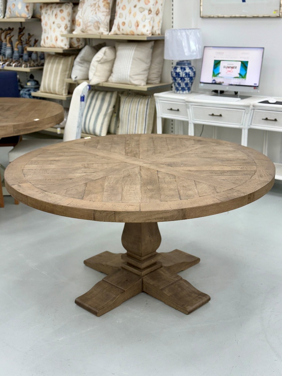 "Whitsunday" Hamptons Style Parquetry Hardwood Timber 150cm Round Dining Table, Hamptons Grey (RRP $2499)