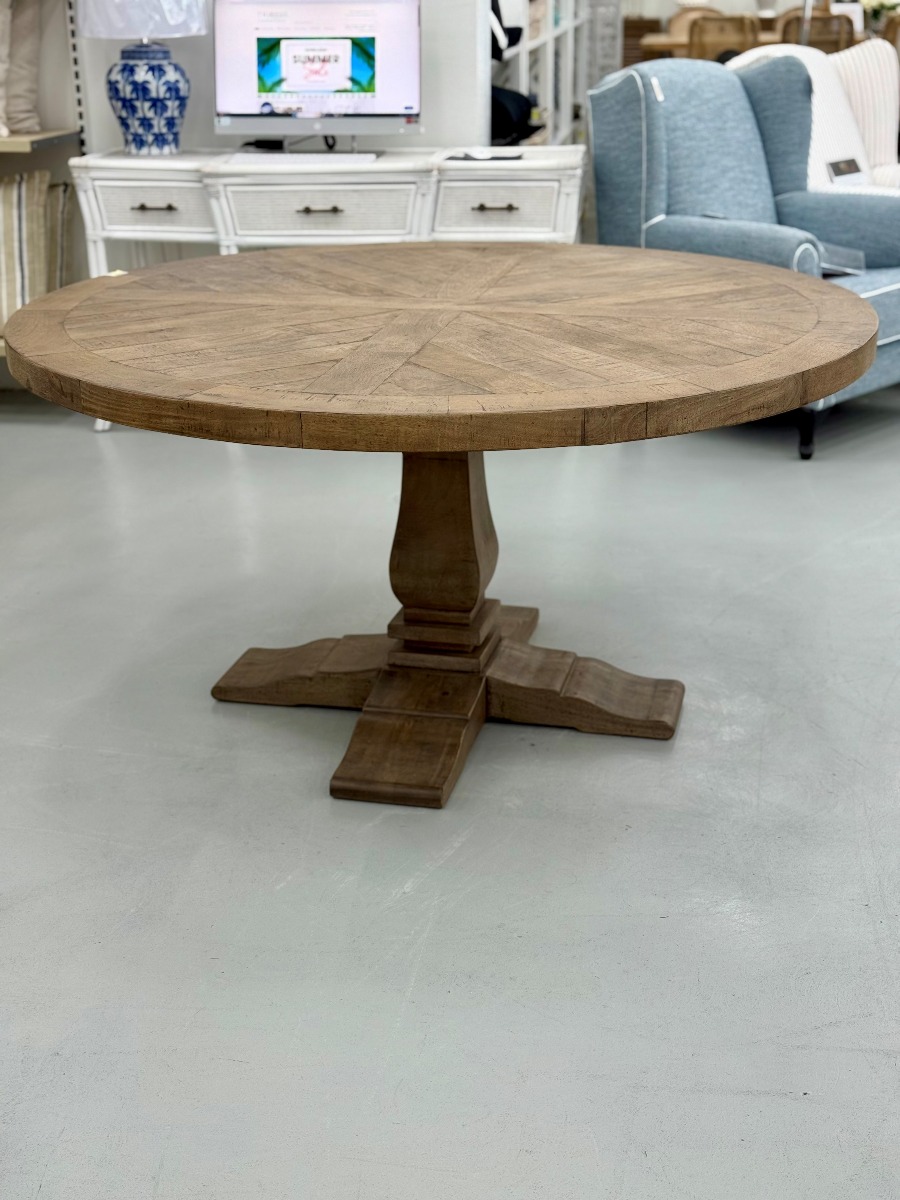 "Whitsunday" Hamptons Style Parquetry Hardwood Timber 150cm Round Dining Table, Hamptons Grey (RRP $2499) - Image 4