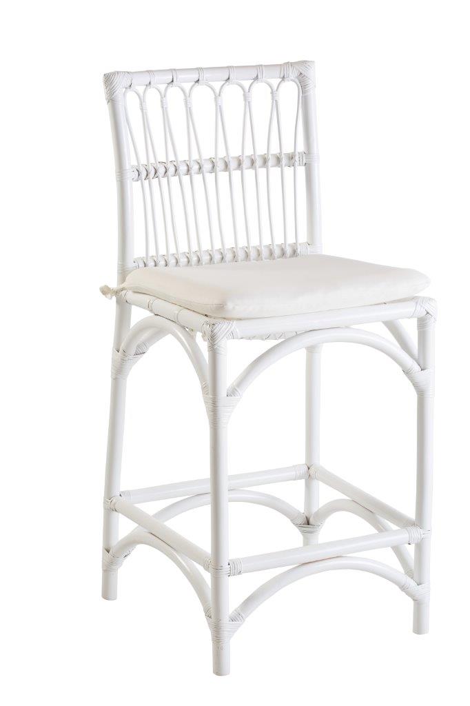 "Sheraton" Coastal Hamptons Cane Kitchen Counter Bar Stool White, 48w x 55d x 99h cm (RRP $499)