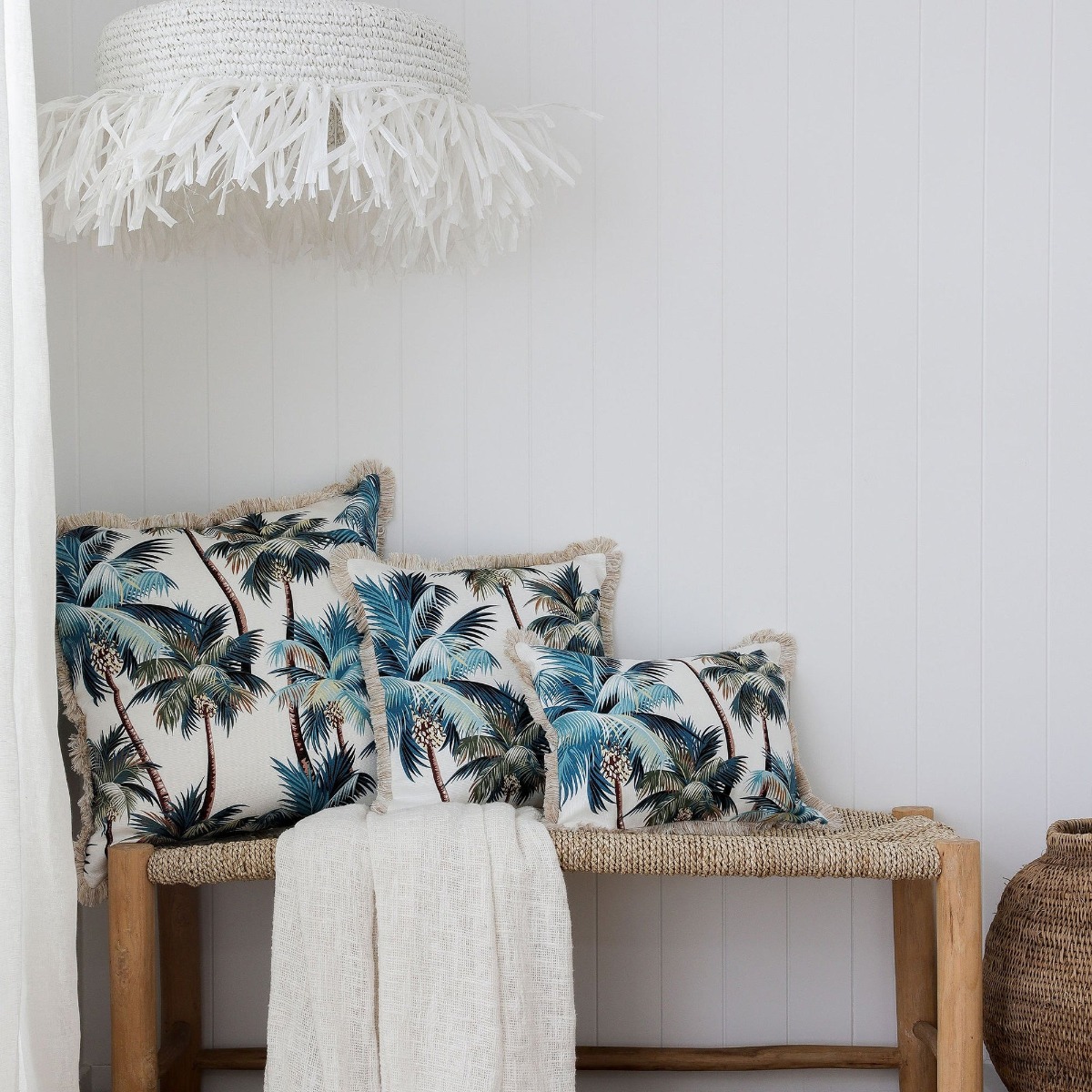 Outdoor Cushion Coastal Fringe Palm Trees White 60cm x 60cm - Image 3