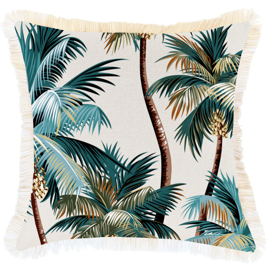 Outdoor Cushion Coastal Fringe Palm Trees Natural 45cm x 45cm