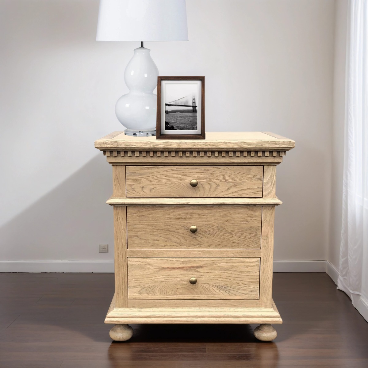 "South Hampton" Hamptons Style Solid Timber 3 Drawer Bedside Table, Weathered Oak 60cmW x 46cmD x 66cmH (RRP $1299) - Image 2