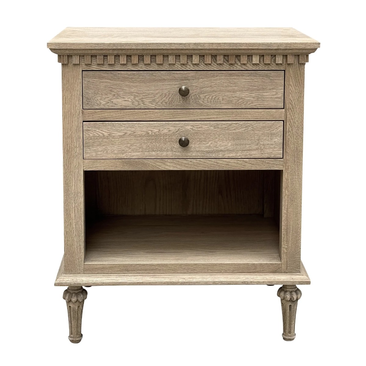 "Maison" Hamptons Style Solid Timber 2 Drawer Bedside Table, Weathered Oak 60cmW x 43cmD x 72cmH (RRP $999)