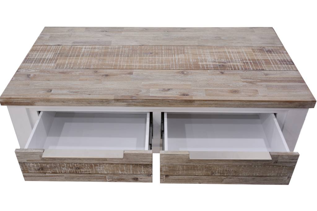 "Coastal" Hamptons Style Timber Coffee Table W130 x D70 x H40 CM, Timber Top with Vivid White Base (RRP $1199) - Image 2