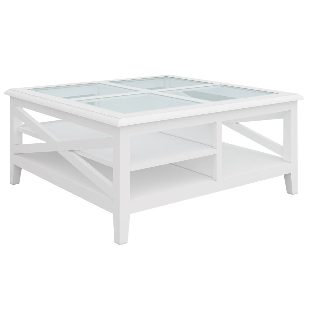 "Montauk" Hamptons Style Timber Coffee Square Table Glass Top & Cross Leg White, 100cm x 100cm x 45cm (RRP $999)