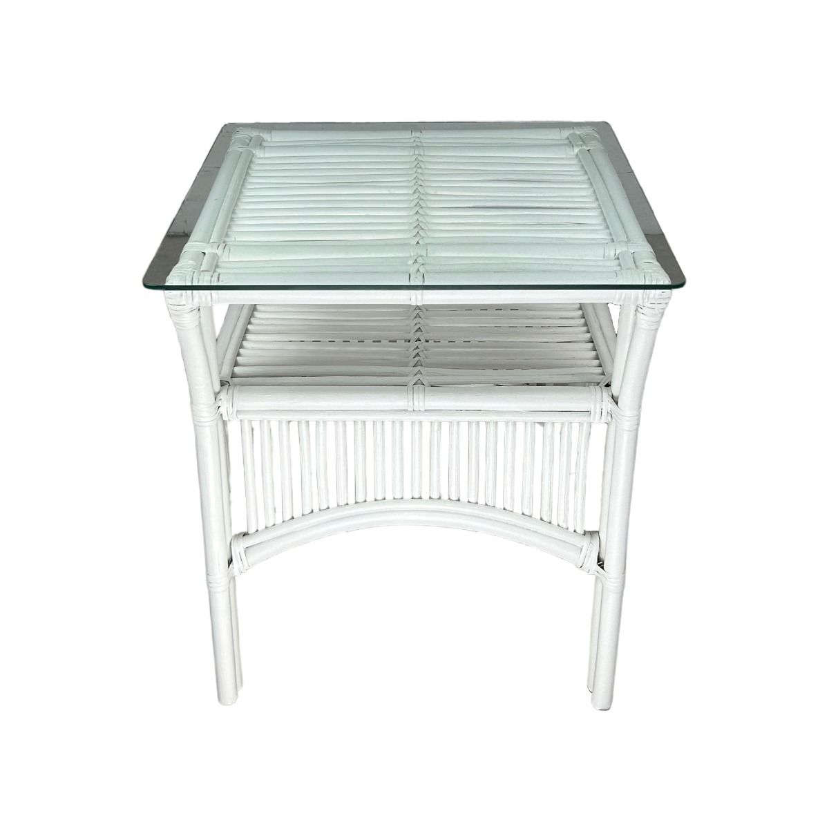 "Long Island" Hamptons Style Rattan Side Table with Glass Top in White, 50cm x 50cm x 60cmH (RRP $399)