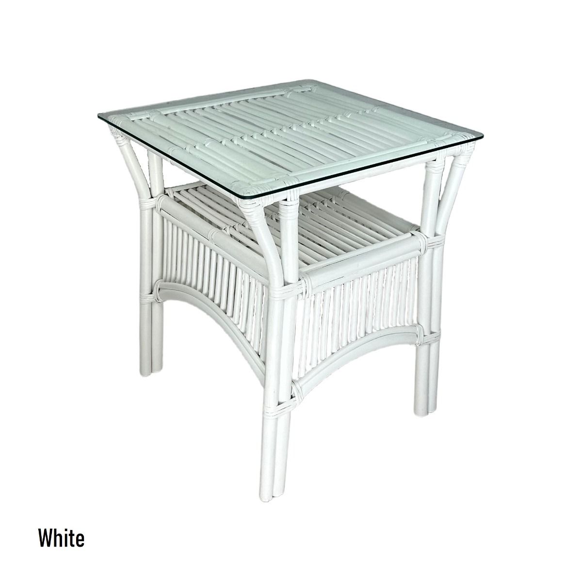 "Long Island" Hamptons Style Rattan Side Table with Glass Top in White, 50cm x 50cm x 60cmH (RRP $399) - Image 2