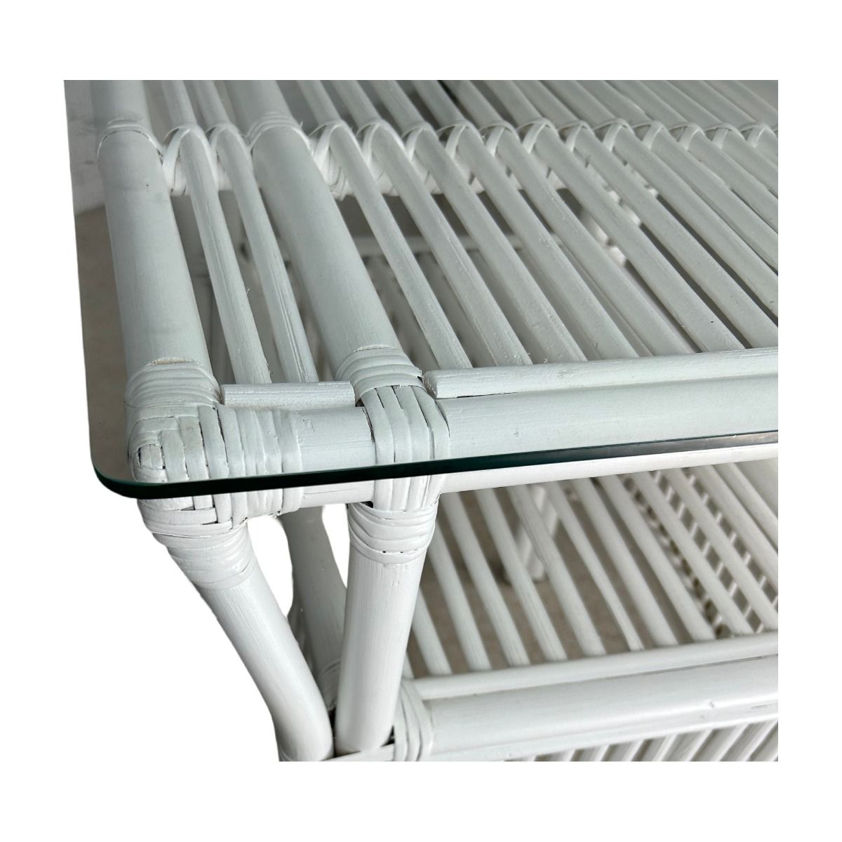 "Long Island" Hamptons Style Rattan Side Table with Glass Top in White, 50cm x 50cm x 60cmH (RRP $399) - Image 3