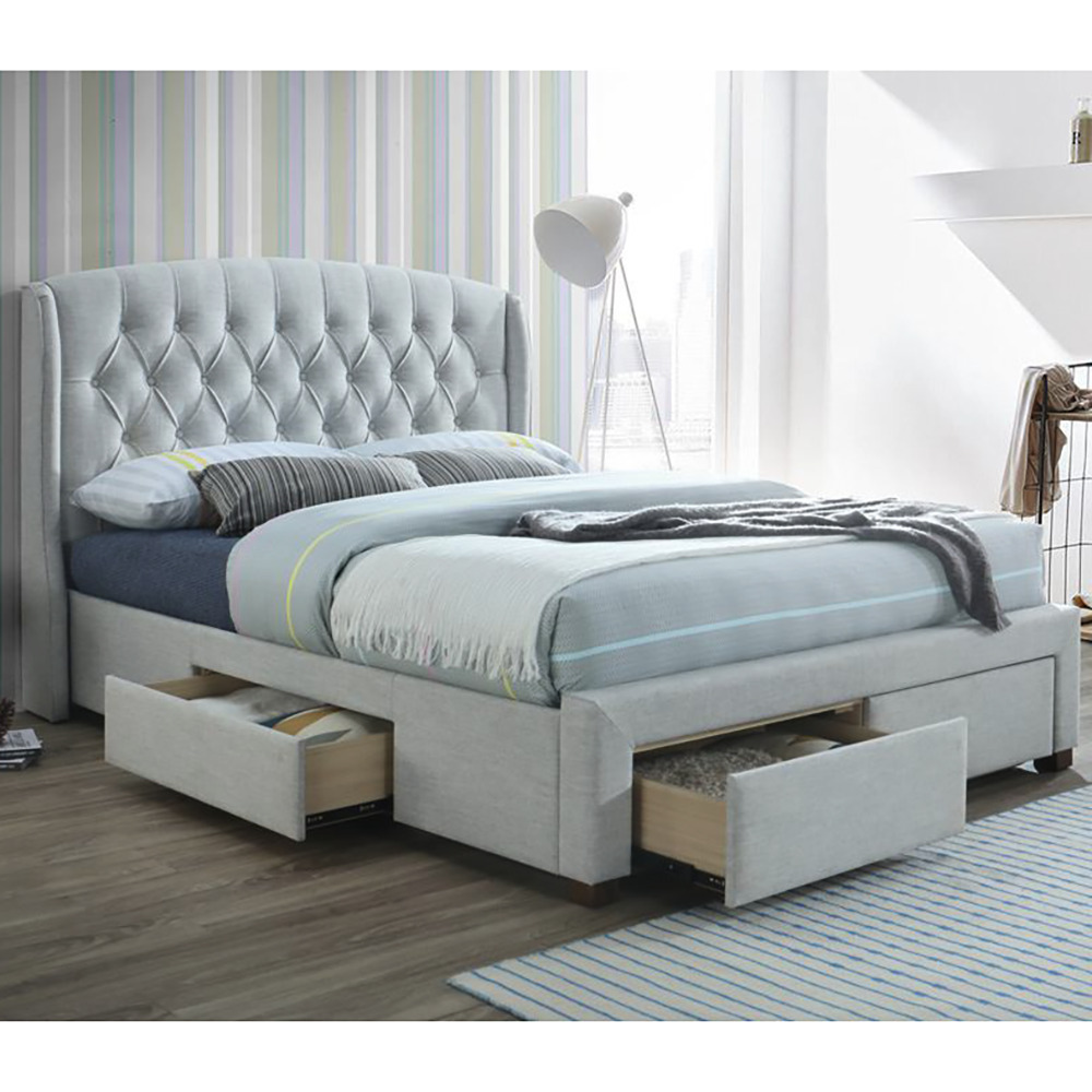 BLACK FRIDAY SALE "Amelia" Hamptons Style Buttoned Back Upholstered Fabric Bed Frame 4 Storage Drawers Queen Size, Stone (RRP $1999)