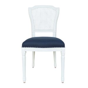 wp-image-tigress-64420.jpg “Marseille" Hamptons Style Rattan Back Dining Chair with Linen Cushioned Seat, White with Navy Linen (RRP $599)